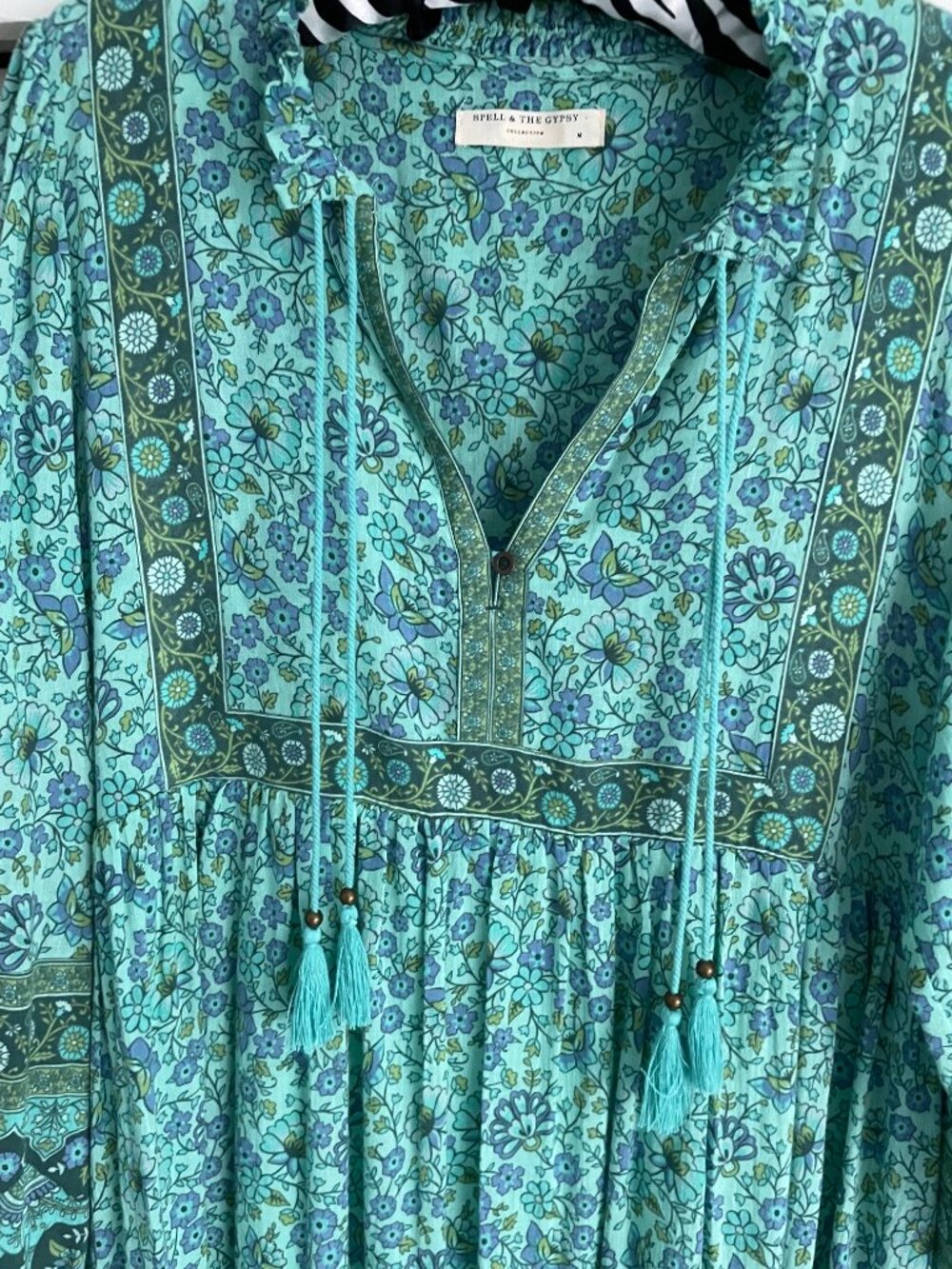 SPELL Dress Long Sleeve Blue Green Teal Size Medium Like New Hippie Boho $225 - Picture 4 of 8